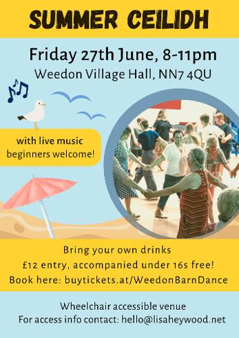 Flyer with a photo of people dancing and graphics of musical notes, seagulls, sand and a beach umbrella. Text as on main page 